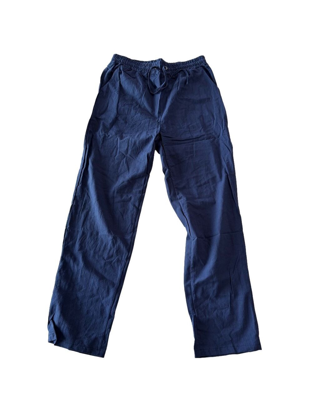 Women's Pull On Elastic Waist Navy Blue Linen Cotton Style Pant Size M #260692